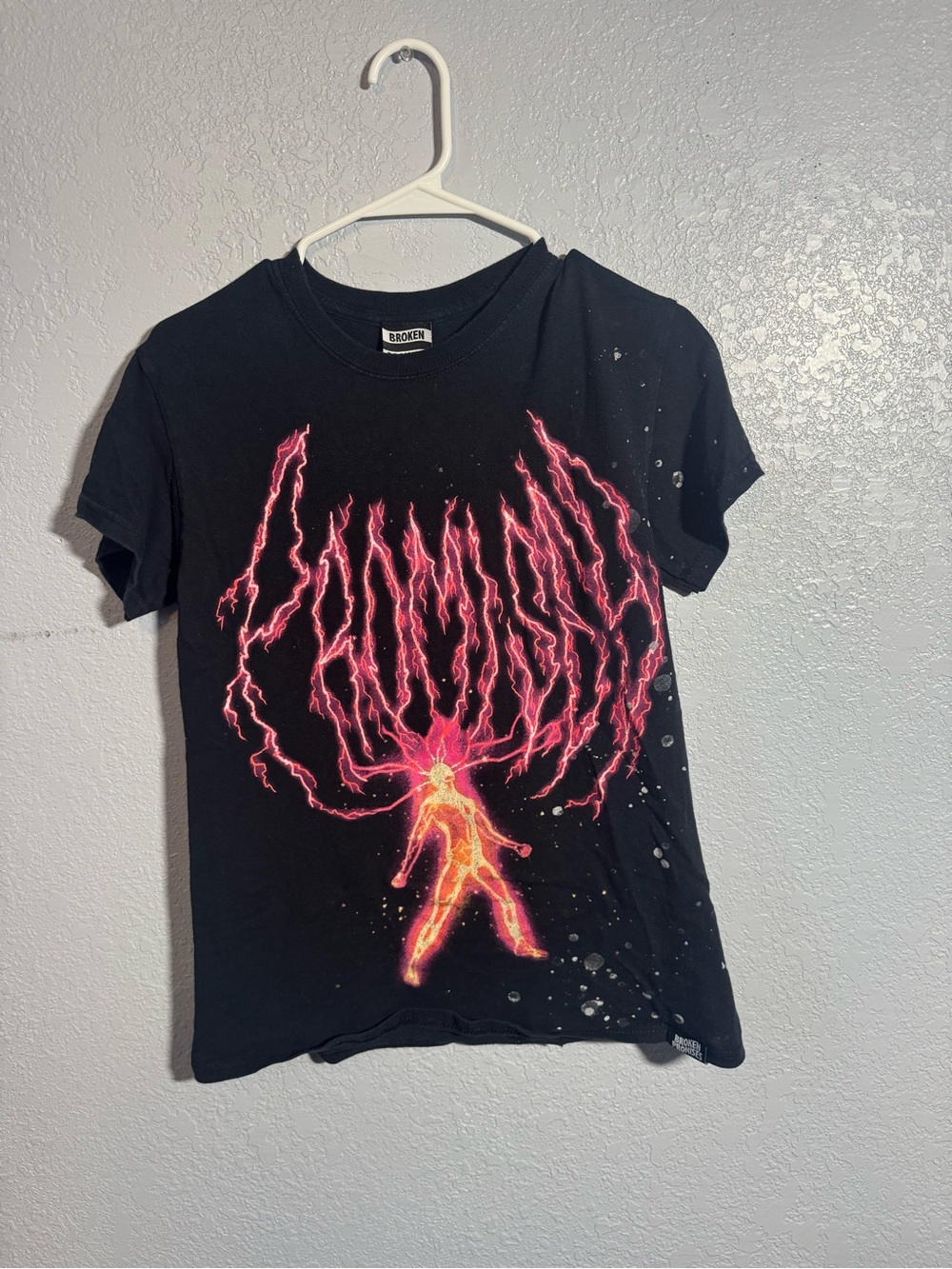 Broken Black Graphic Short Sleeve Tee with Neon Pink Lightning Design